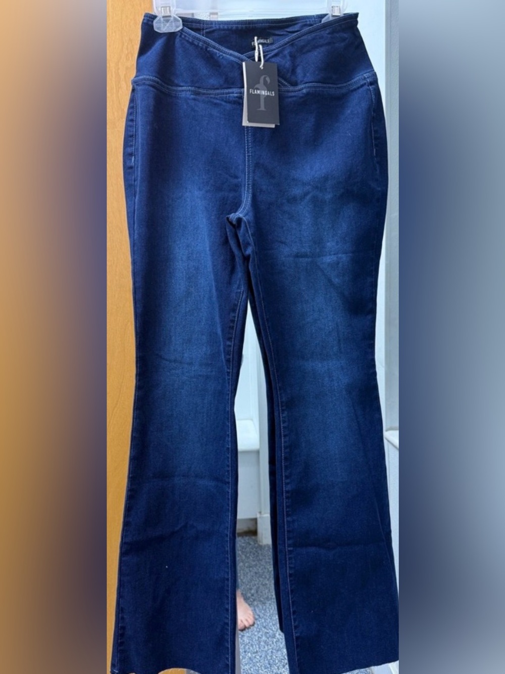Flamingals High Waisted Flare Jeans Dark Wash V Crossover Waist NWT Size [M]